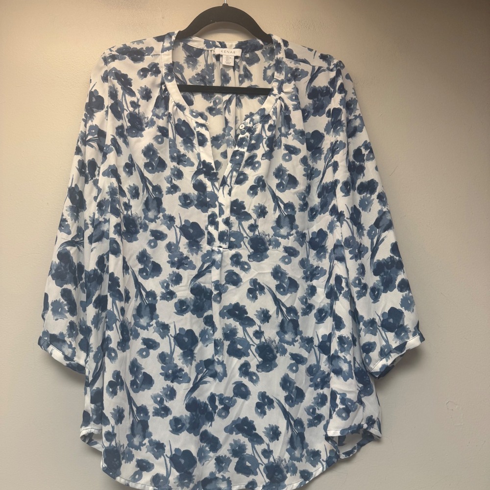Kenar Floral Blouse Women Large Blue White Excellent Split Neck 3/4 Sleeve Tunic